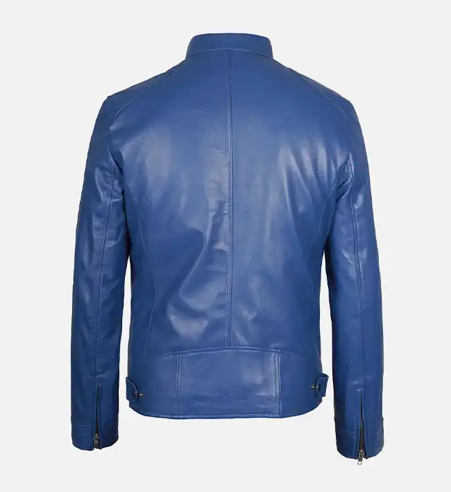 Stylish Slim Fit Men’s Blue Leather Jacket - Image 2